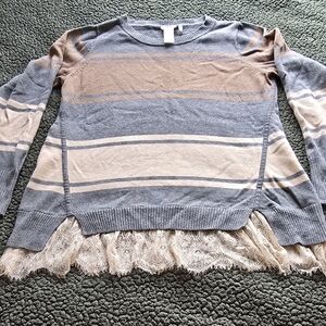 LOGO by Lori Goldstein Gray and Tan Striped Sweater